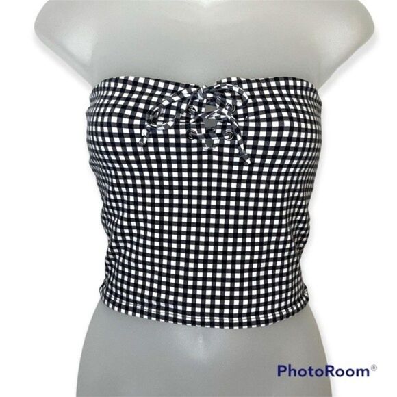 Me to We Black and White Checkered Strapless Crop Top Size Small - Picture 1 of 5